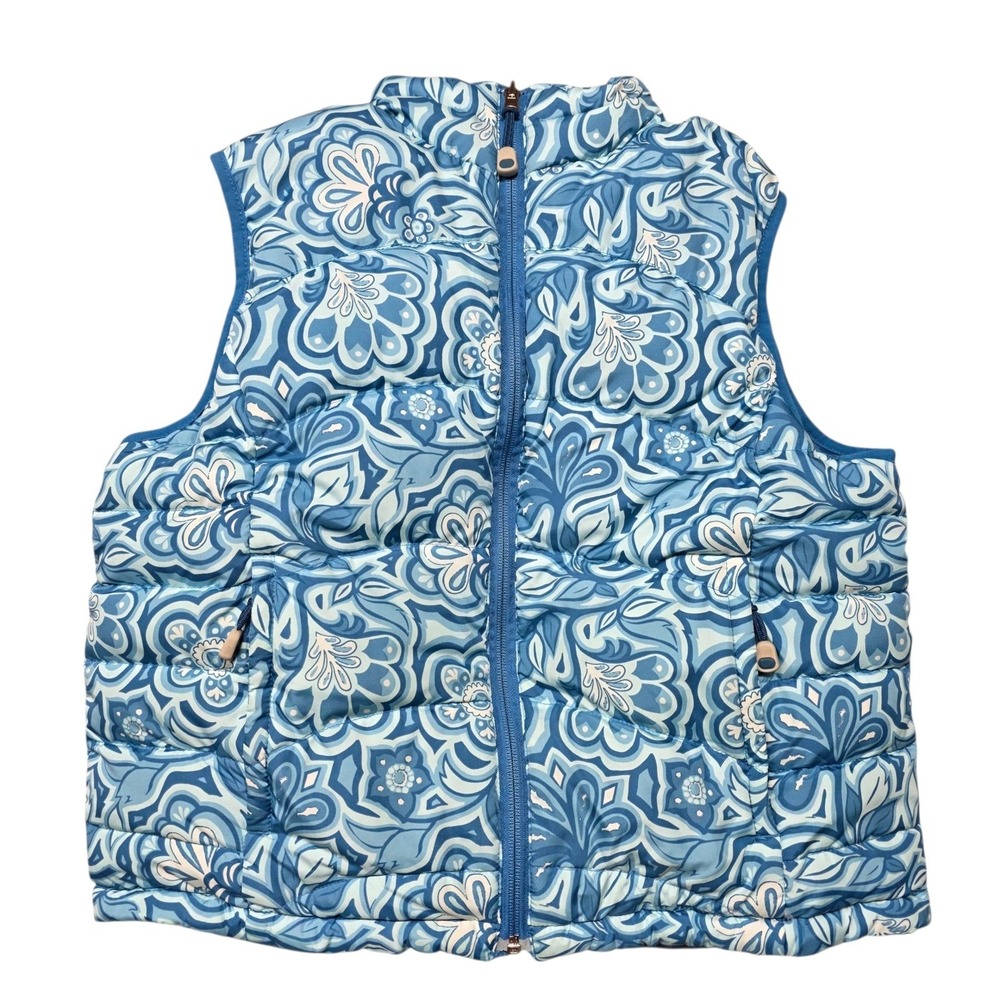 LL Bean Reversible Goose Down Puffer Vest Women M Blue Floral Polyester
